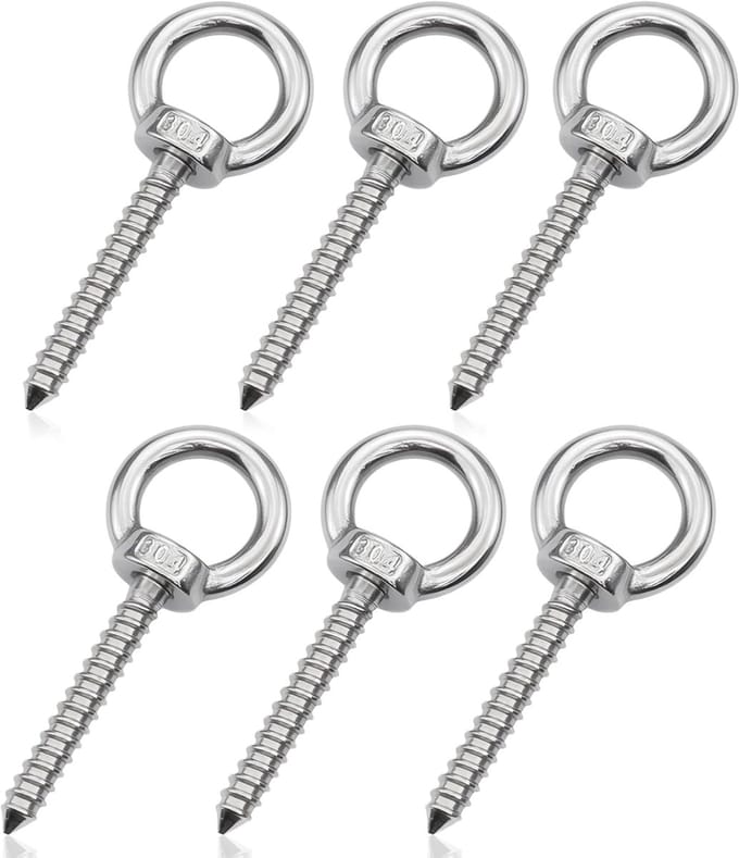 Set van 6 Ringenchroef M8 van 304 RVS, Lange Oogschroeven voor Hangmatten, Tenten en Kabelbevestiging