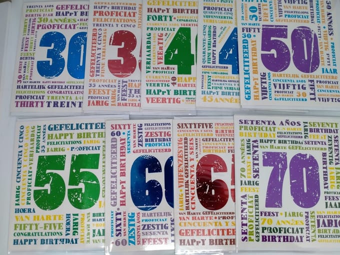 9 luxe wenskaarten 30,35,40,45,50,55,60,65 en 70 Jaar