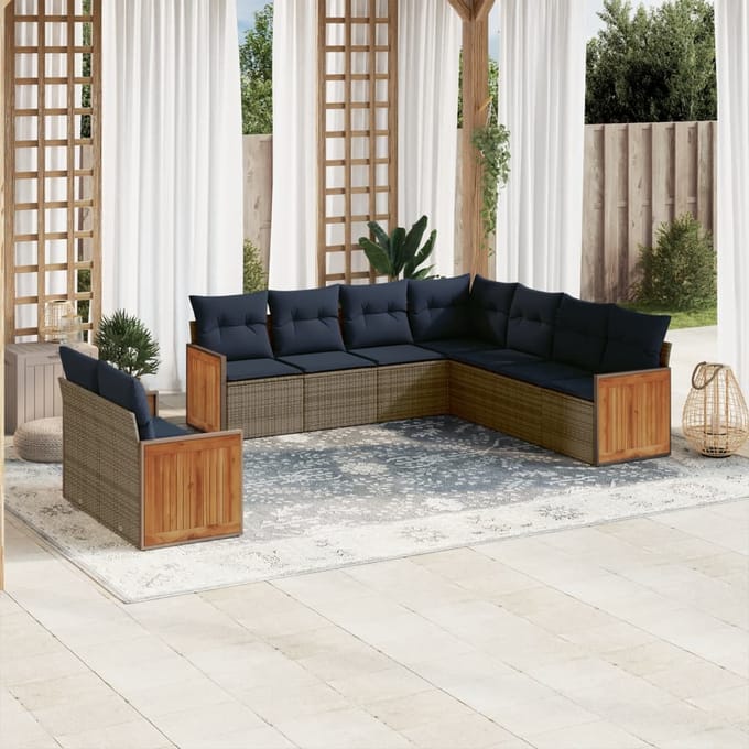 vidaXL - 9-delige - tuinbankset - met - kussens, - grijs - polyrotan