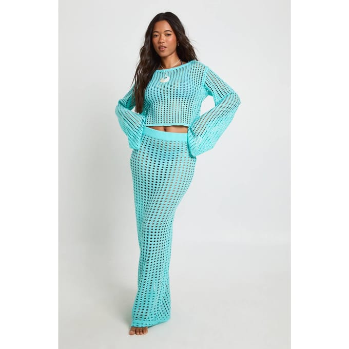 boohoo Dames Gehaakte Gebreide Maxi Rok | Aqua | Maat: Medium