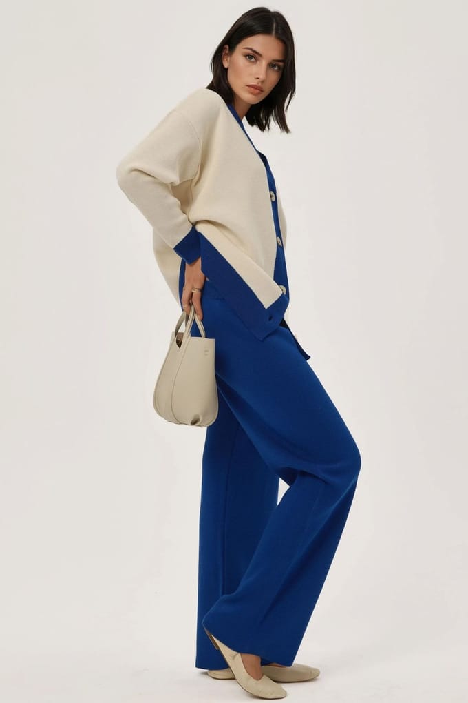 Geknoopte Cardigan & Textuur Hoog Midden Taille Gebreide Broek Co-Ord Set