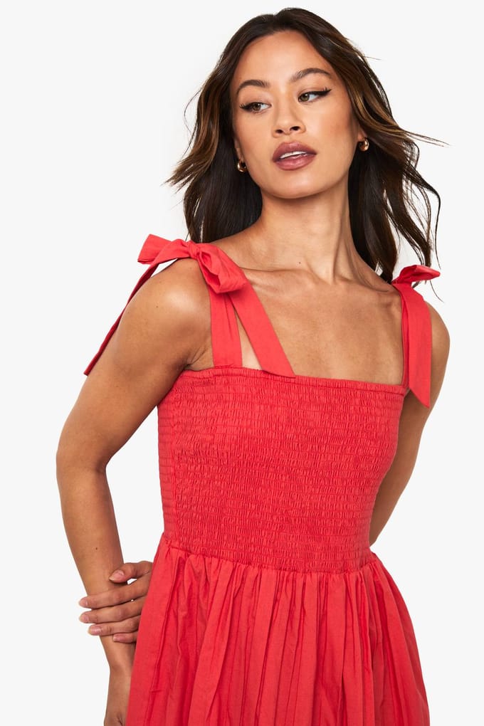 boohoo Dames Lange strikband gerimpelde popeline maxi-jurk | Rood | Maat: 46