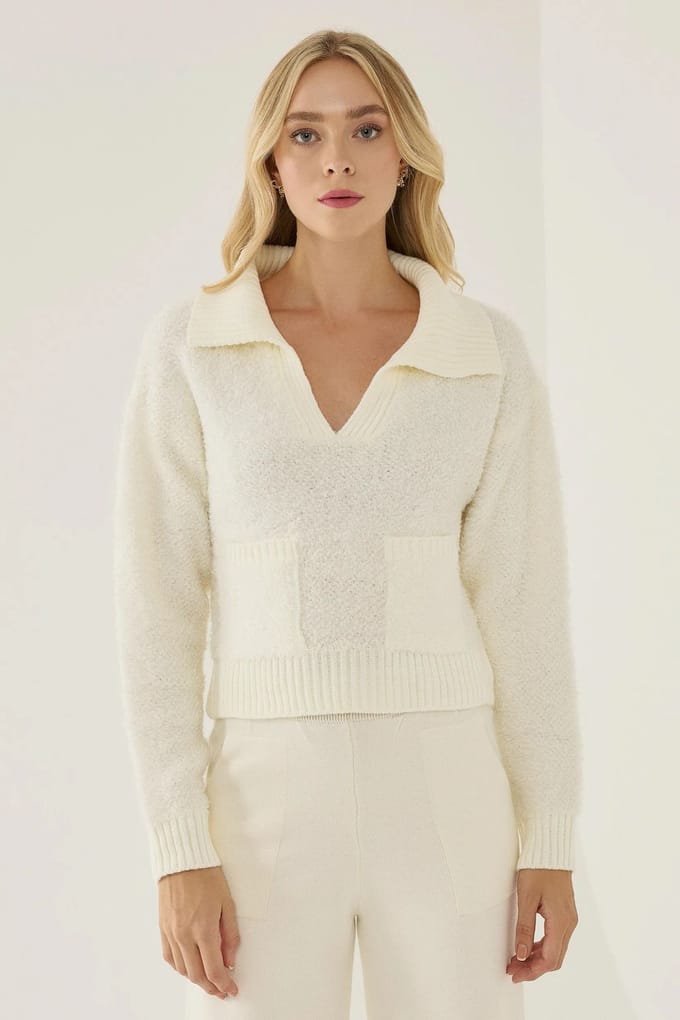 Shirtkraag Crop Sweater met Zak