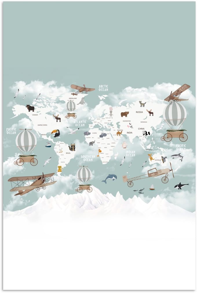 Wereldkaart - Kind - Vliegtuig - 120x180 cm - Poster