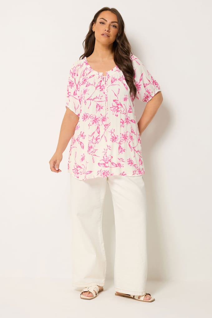 Yours Roze Bardottop Met Bloemenprint Size 54-56