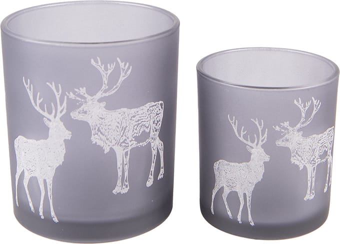 Clayre & Eef Theelichthouder Set van 2 Grijs Glas Rendier