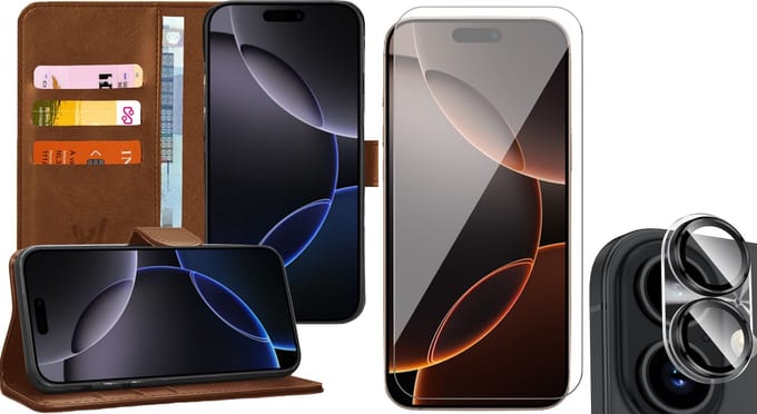Hoesje geschikt voor iPhone 16 - Screenprotector Glas & Camera - Portemonnee Book Case Bruin