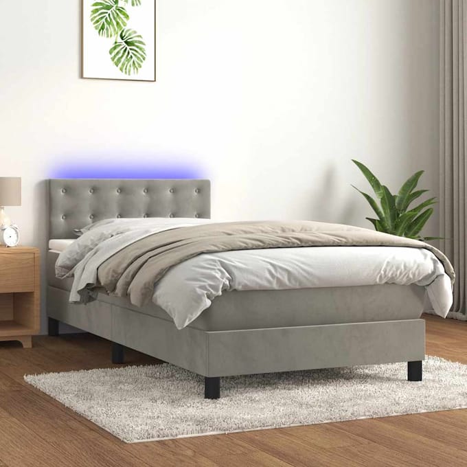 vidaXL - Boxspring - met - matras - en - LED - fluweel - lichtgrijs - 80x200 - cm
