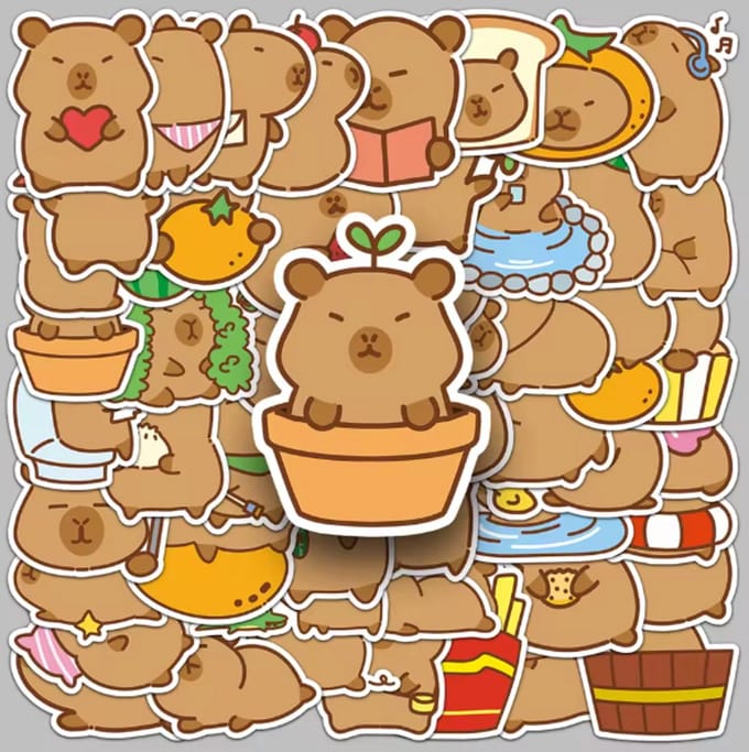 Capy bara stickers - 50 stuks - deco stickers- laptop stickers - knutselen - bullet journal stickers