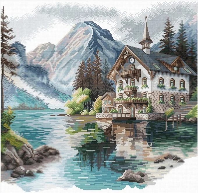 Borduurpakket AVA Stitch - Alpine Cottage aan het meer - P048