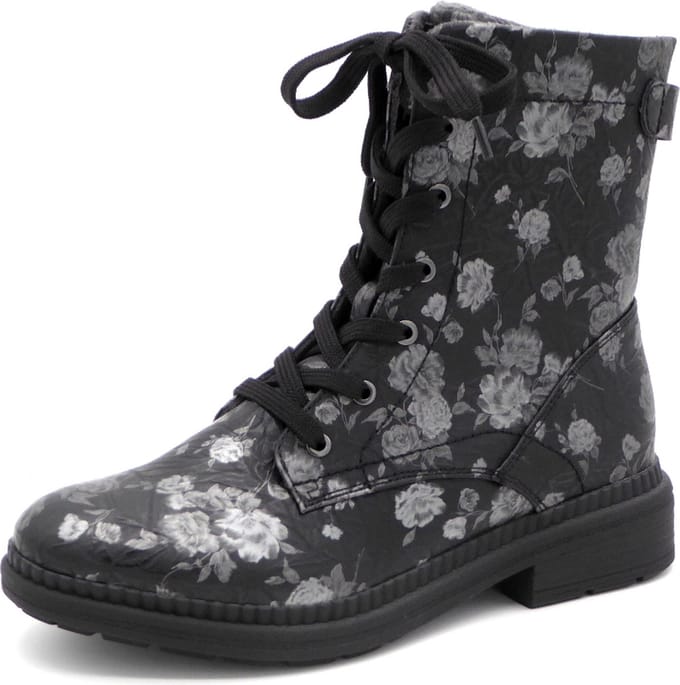 Jana Dames Veterboot - 25274-005 Zwart Gebloemd - Wijdte H - Maat 38