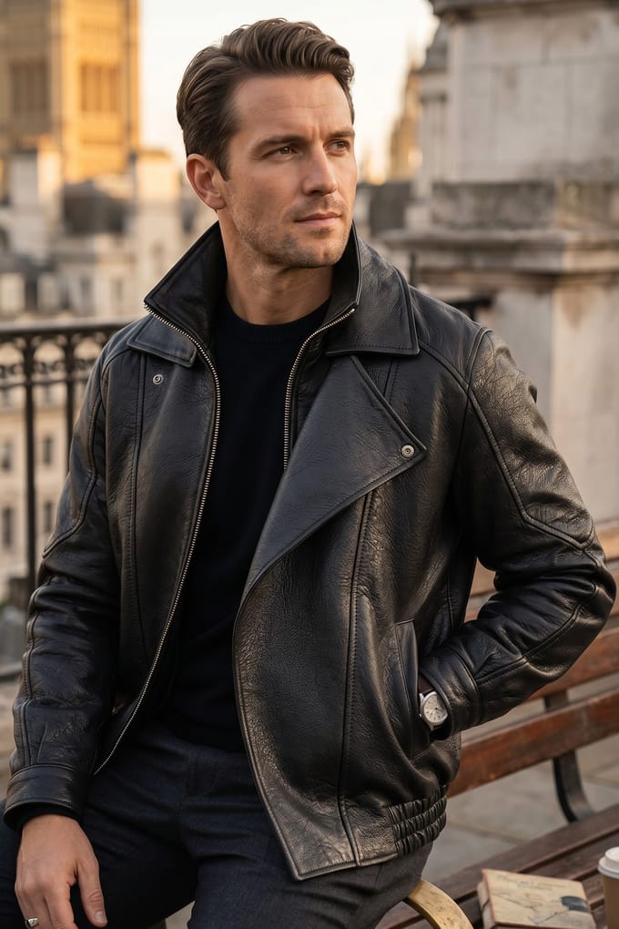 Heren Black Lamb Leather Biker Bomber Blouson Jas - Passage