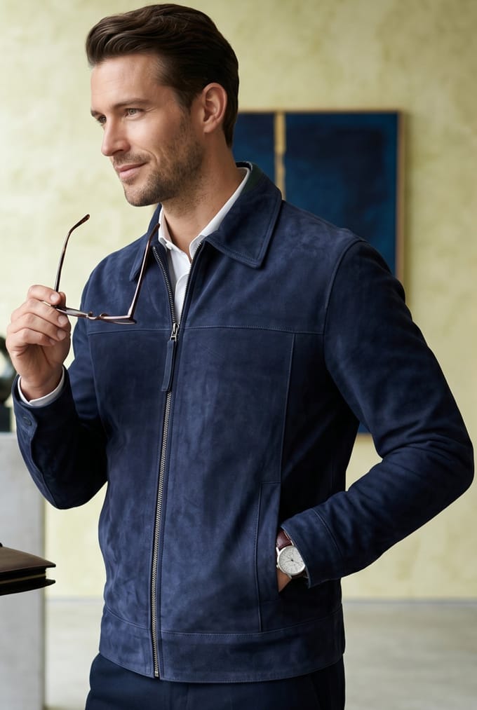 Heren Navy Geit Suède Leren Harrington Biker Jas - Rug