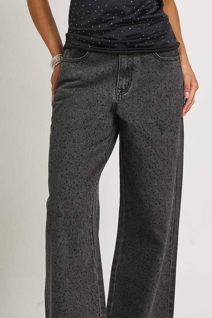 boohoo Dames Versierde Wijde Pijp Jeans | Washed Black | Maat: 8