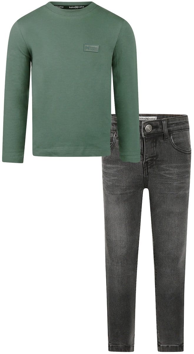 Koko Noko - Kledingset - Basic Collection - Bio Cotton - Dark grey jeans - Shirt LS Dark Green - Maat 92