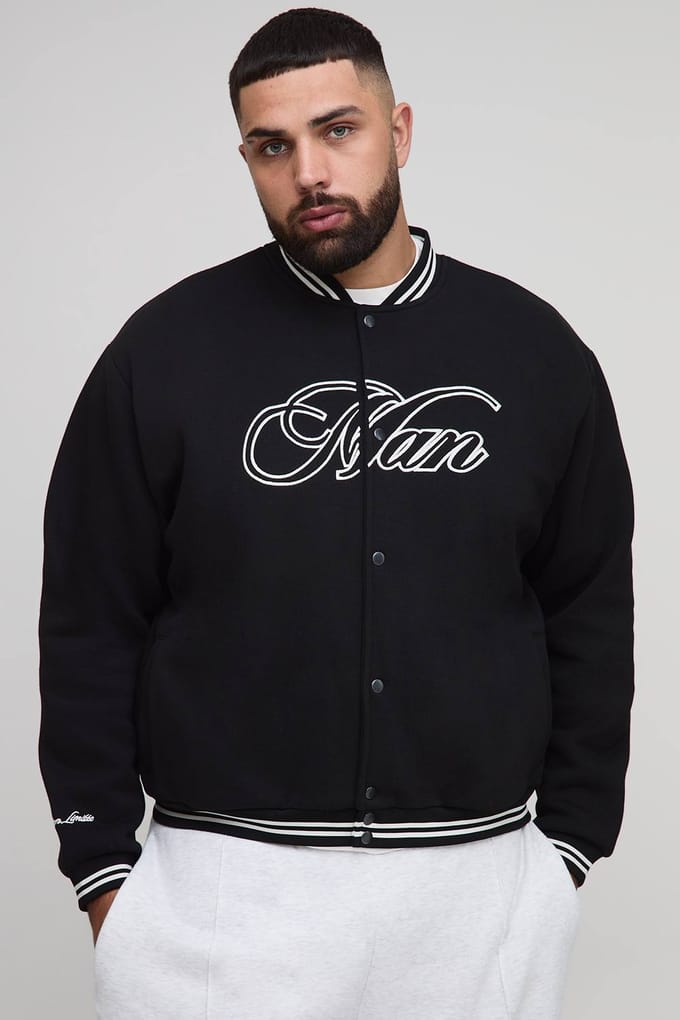 Plus Oversized Jersey Man Embroidered Varsity Jacket | Black | Size 2XL
