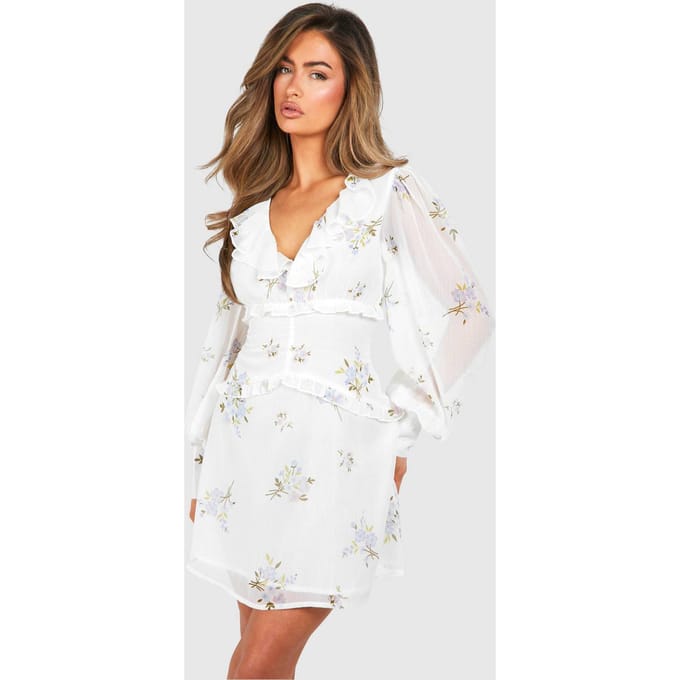 boohoo Dames Florale Chiffon Ruffle Minijurk | Bloemen | Maat: 36