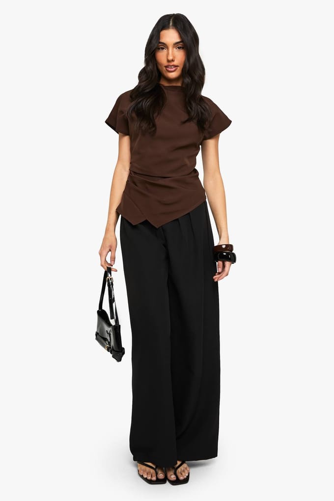 boohoo Dames Geweven Verbogen Zijsplit Top | Chocoladebruin | Maat: 44