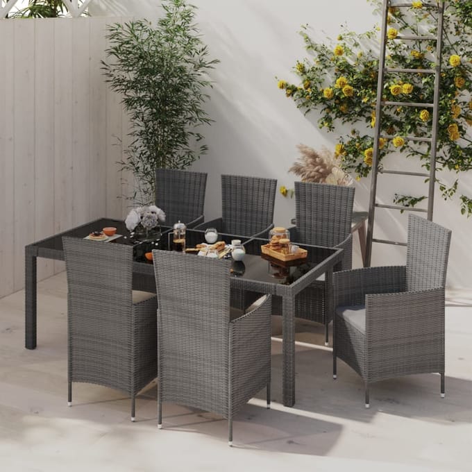 vidaXL - 7-delige - Tuinset - met - kussens - poly - rattan - grijs