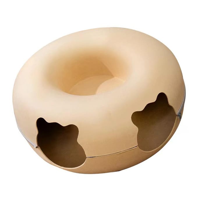 Lit Tunnel pour Chat avec 2 Fenêtres Ventilées Lit pour Chat en Feutre Amovible et Lavable avec Fermeture Éclair Large beige