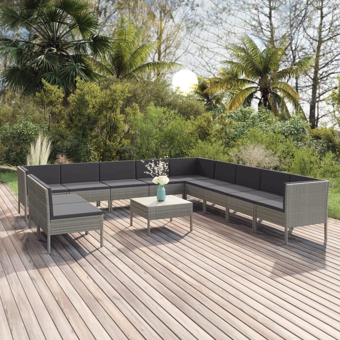 vidaXL - 12-delige - Loungeset - met - kussens - poly - rattan - grijs