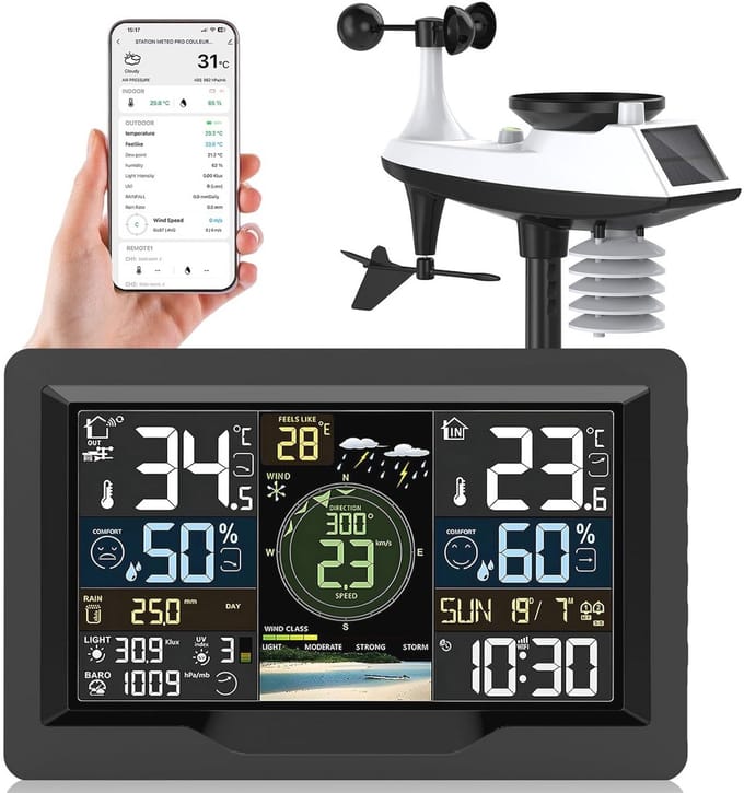 Draadloos Weerstation met App en Buitensensor – Temperatuur, Luchtvochtigheid, Windmeter & Regenmeter