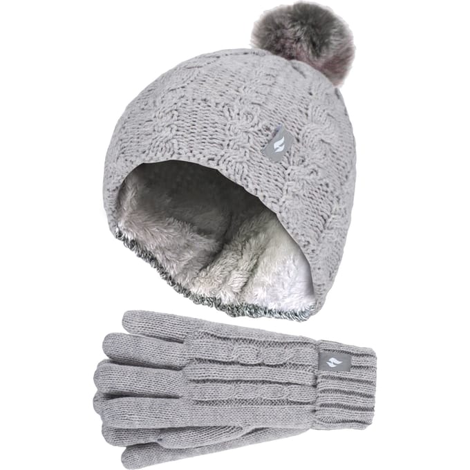 Heat Holders Meisjes Cable Bobble Muts En Handschoenen Set - Frost Gray Melange