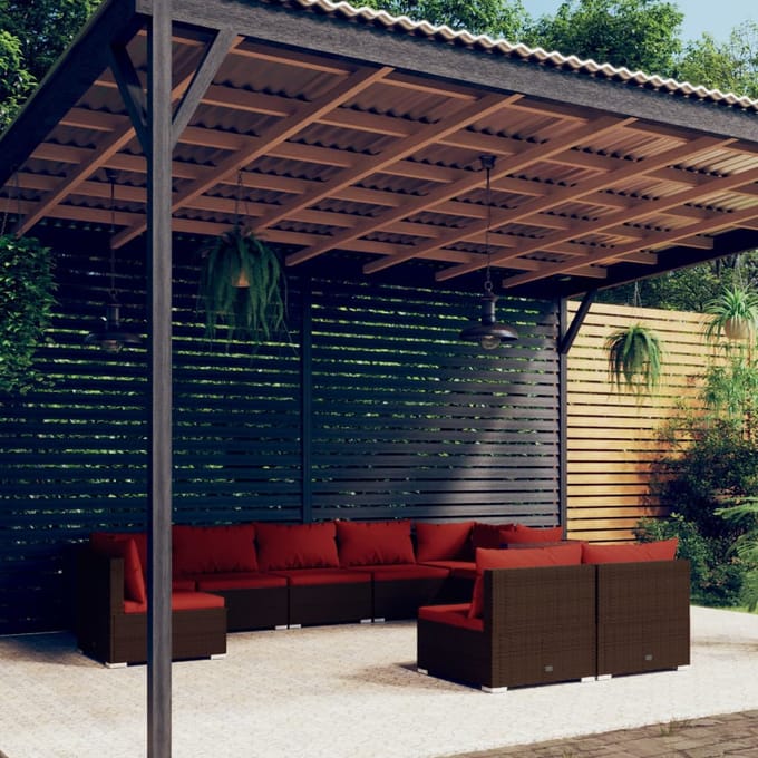 vidaXL - 9-delige - Loungeset - met - kussens - poly - rattan - bruin