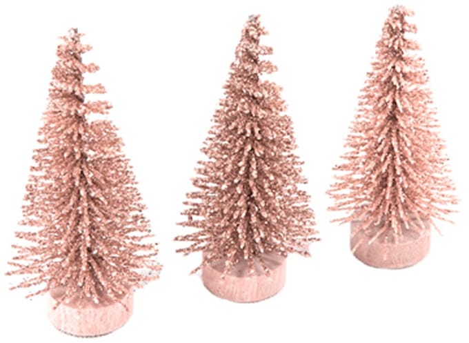 HOBI - 3 Kleine kunstkerstbomen roségoud glitter 5,5 x 2,5 cm