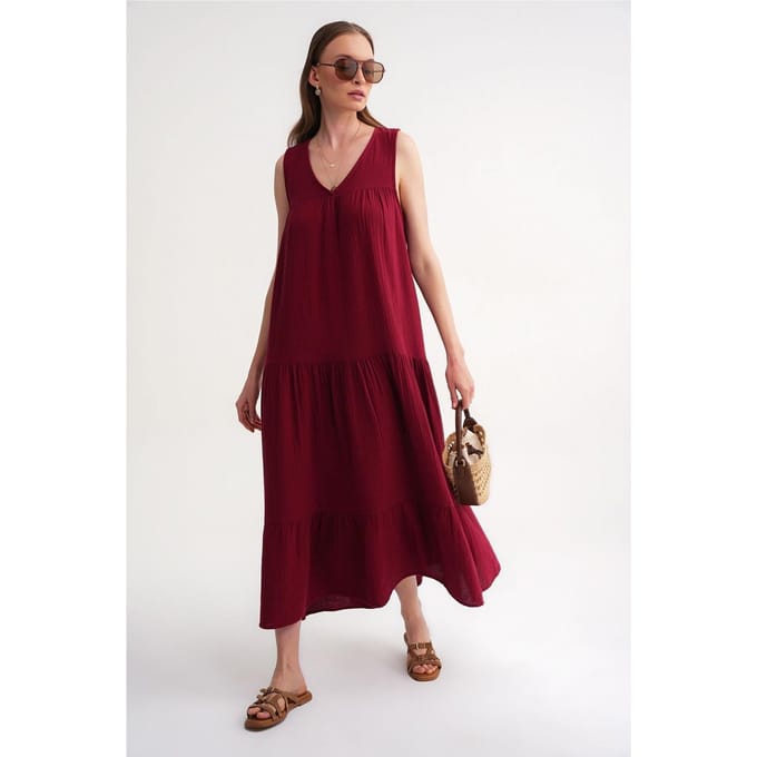 Mouwloze V-hals Muslin Midi Jurk met Zakken