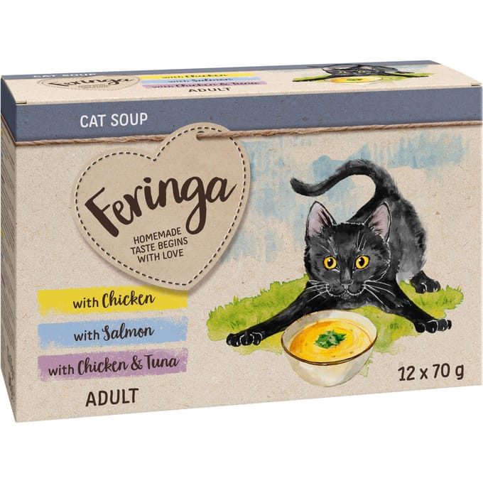 Feringa Kattensoep 12 x 70 g - Mixpakket (Kip, Zalm, Kip en tonijn)