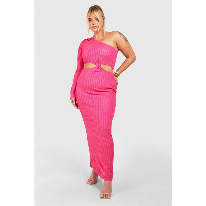 boohoo Dames Plus Textured Cut Out One Shoulder Maxi Jurk | Felroze | Maat: 54