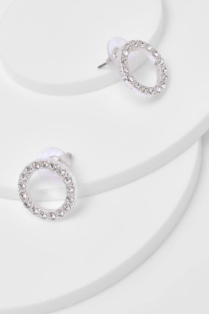 boohoo Dames Silver Circle Diamante Studs | Zilver