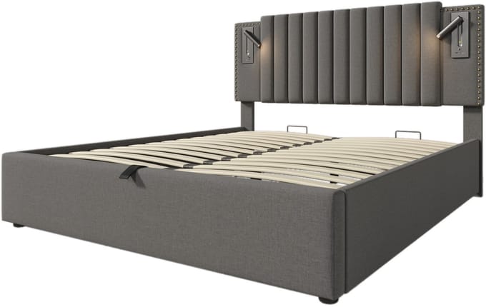 COVREO Bedframe 160x200 cm grijs, met opbergruimte en USB-C, zonder matras