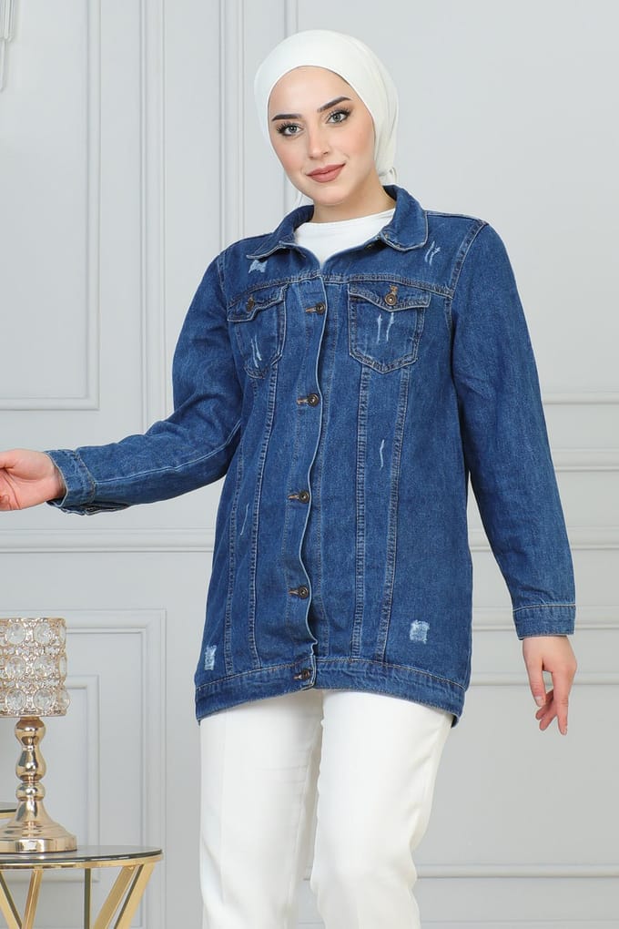 Laser Detailed Denim Jasje Blauw