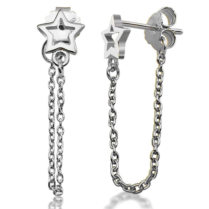 JWLS4U JE024S Oorhangers Open Star with Chain zilver.