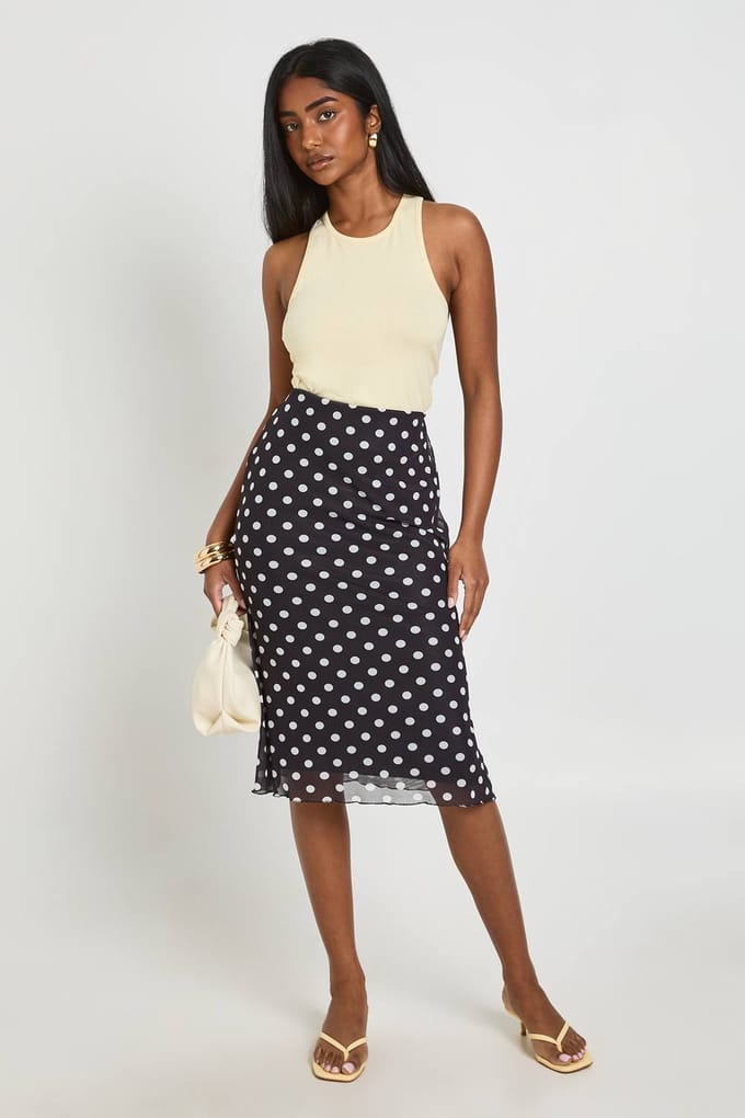 boohoo Dames Polkadot Mesh Midirok | Zwart | Maat: 36