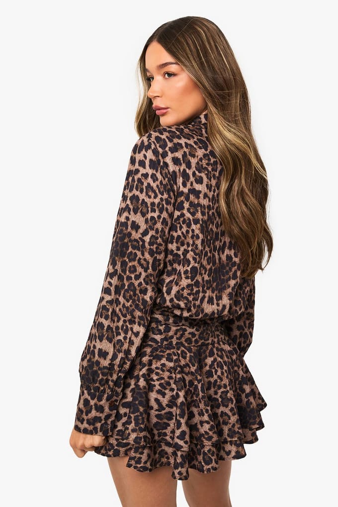 boohoo Dames Minijurk met luipaardprint, geroffleerd en met franjes | Maat: 42