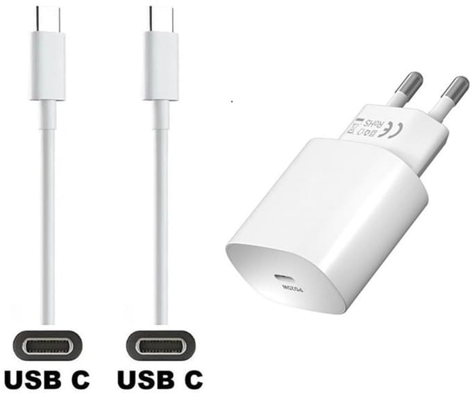 OneOne 25W super snellader en screenprotector van glas voor iPhone 16 Plus. Oplader met sterke 3,0m USB C naar C kabel. Krachtige witte PD PPS lader adapter. Screenprotector past op Apple iPhone 16 Plus