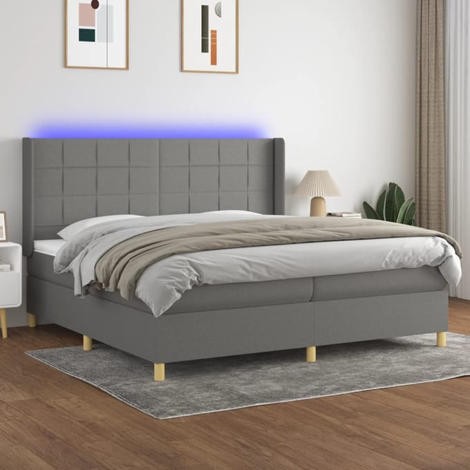 vidaXL - Boxspring - met - matras - en - LED - stof - donkergrijs - 200x200 - cm