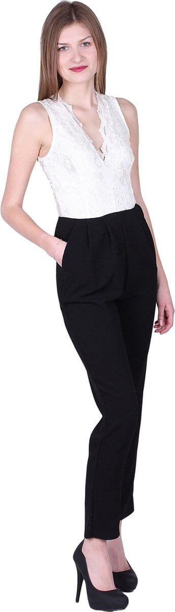 John Zack Crème en zwart kanten jumpsuit