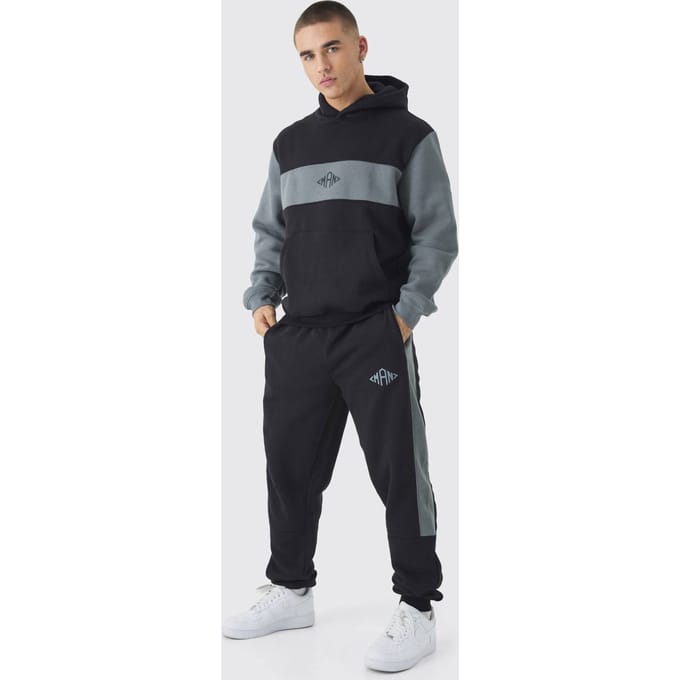 Regular Fit Men's Diamond Colour Block Capuchon Trainingspak | Black | Size Medium