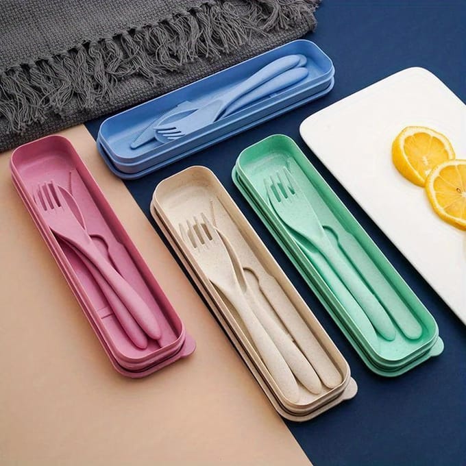 Draagbare Bestekdoos Mes Vork En Lepel Set Plastic Studenten Kantine Reizen Draagbaar Drie-Delige Set