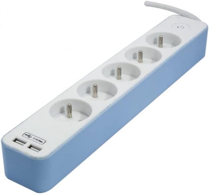 Stekkerdoos met 5 Stopcontacten en 2 USB-A Poorten - 1,5 Meter Kabel - Wit/Blauw
