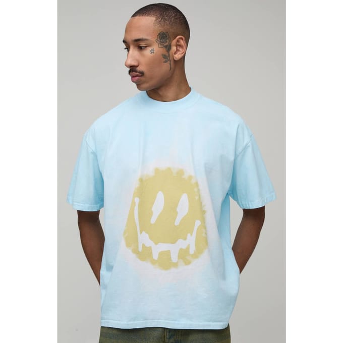 Oversized Tie Dye Smiley Face Print T-Shirt | Blue | Size Large