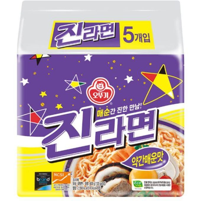 Ottogi Jin Ramyeon 120g × 5 Pakken (Mild / Mild Pittig / Pittig) Mild Spicy 1Pack
