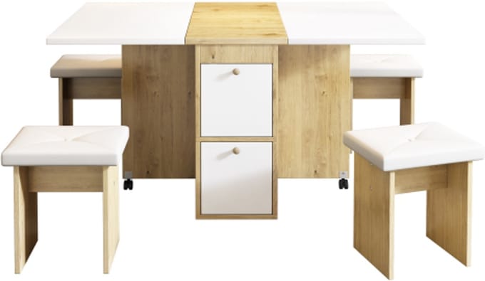 Eettafelset (met eettafel, 4 stoelen), opvouwbare eettafel, 120*80*75cm, uitschuifbare eettafel, multifunctionele uitschuifbare eettafel, eetkamerstoelen, wit + eiken