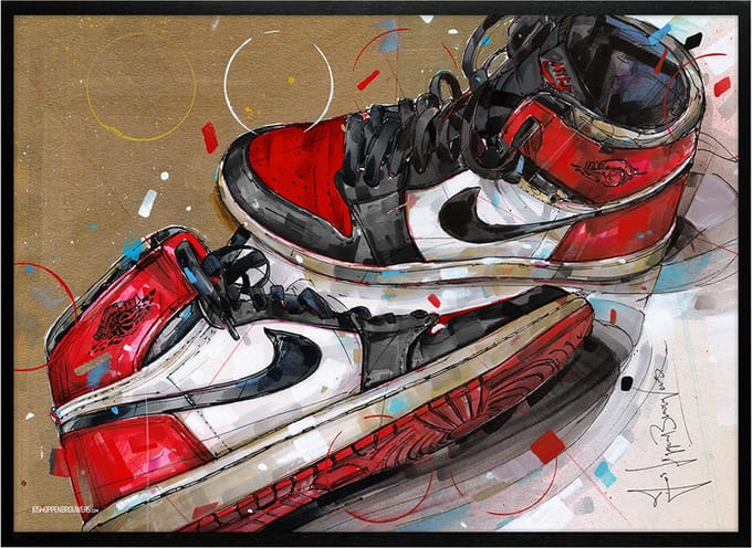 Sneaker print 1984 bred toe 71x51 cm *ingelijst & gesigneerd