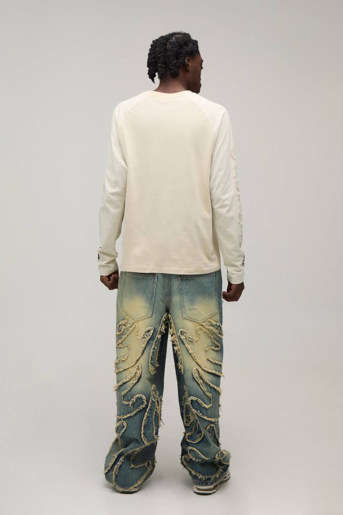 Super Baggy Jeans Met Getinte Wassing En Ruwe Rand Appliqué | Green | Size 34
