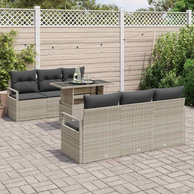 vidaXL Tuinbank Set met opslag met kussen 7 pcs Lichtgrijs poly rattan